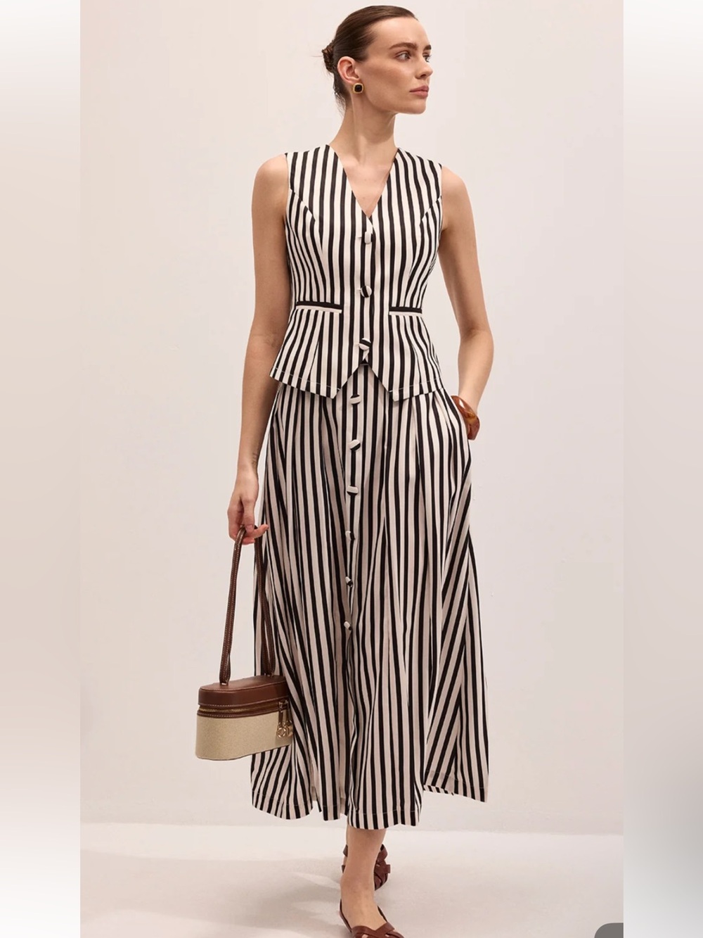 Commense Striped Sleeveless Vest & Maxi Skirt Set